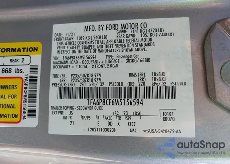 2021 Ford Mustang Gt Fastback from USA, damaged, VIN 1FA6P8CF6M5156594